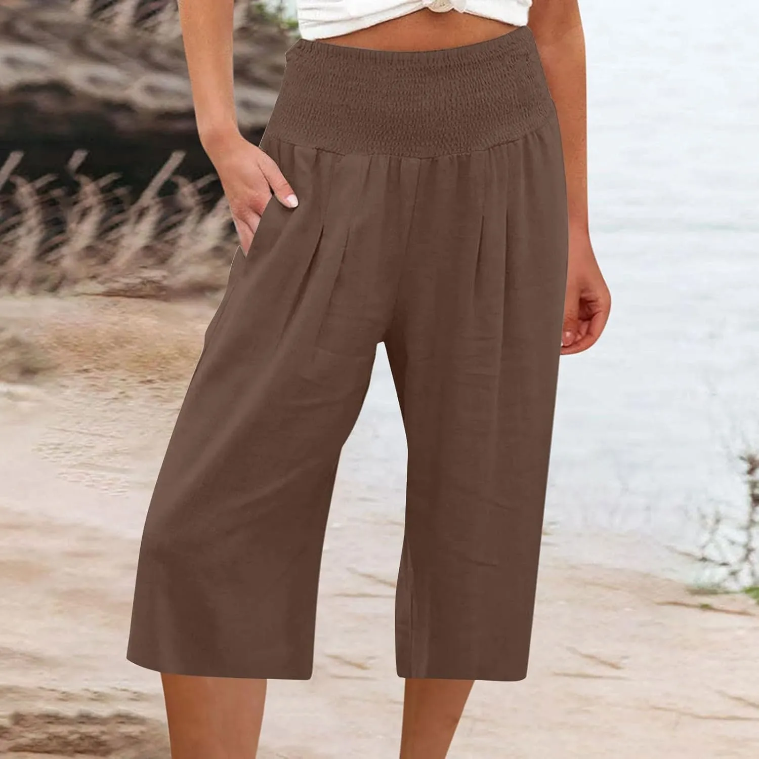 Capri Pants for Women Cotton Linen Summer Casual Wide Leg Capris Smocked High Waist Cropped Trousers with Pockets