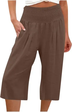 Capri Pants for Women Cotton Linen Summer Casual Wide Leg Capris Smocked High Waist Cropped Trousers with Pockets