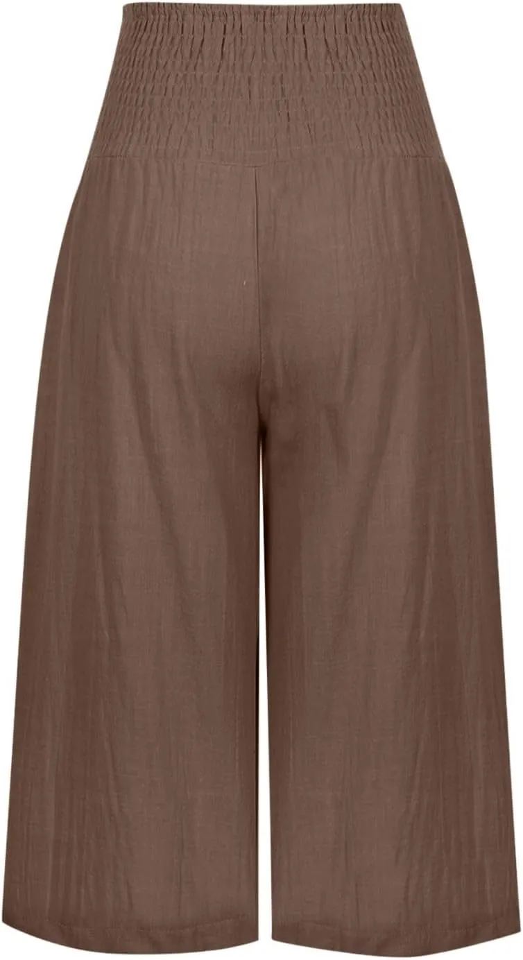 Capri Pants for Women Cotton Linen Summer Casual Wide Leg Capris Smocked High Waist Cropped Trousers with Pockets