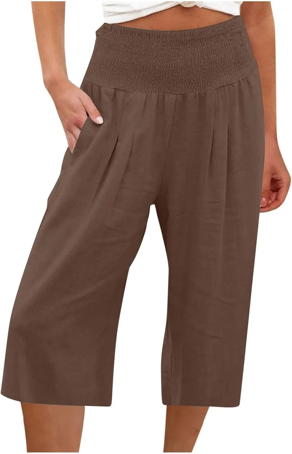 Capri Pants for Women Cotton Linen Summer Casual Wide Leg Capris Smocked High Waist Cropped Trousers with Pockets