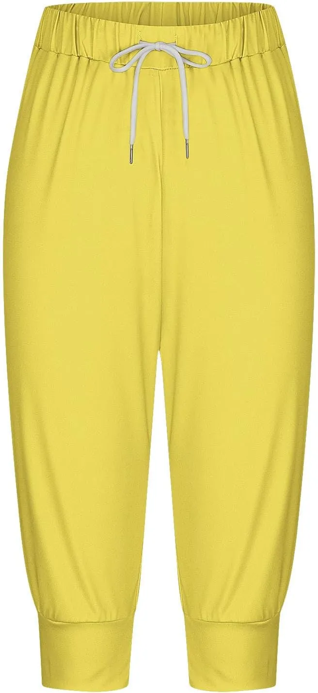 Capri Pants for Women Drawstring Cropped Jogger Running Yoga Pants Elastic Waist Summer Sweatpants with Pockets