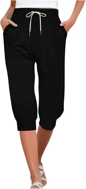 Capri Pants for Women Drawstring Cropped Jogger Running Yoga Pants Elastic Waist Summer Sweatpants with Pockets