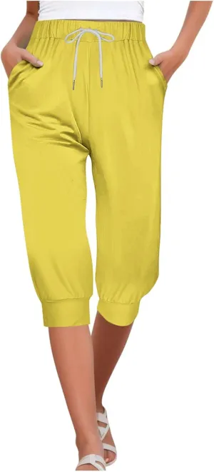 Capri Pants for Women Drawstring Cropped Jogger Running Yoga Pants Elastic Waist Summer Sweatpants with Pockets