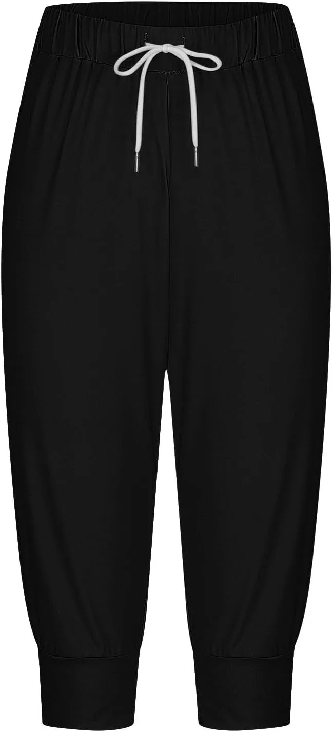 Capri Pants for Women Drawstring Cropped Jogger Running Yoga Pants Elastic Waist Summer Sweatpants with Pockets