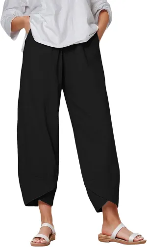 Capri Pants for Women Plus Size Linen Pants Wide Leg with Pockets Drawstring Casual Flowy Palazzo Linen Pants Women