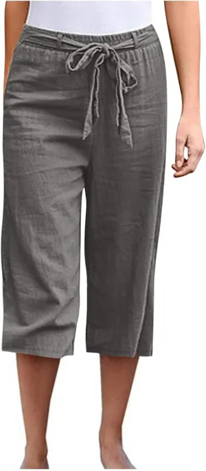 Capri Pants Women Cotton Linen Summer Casual Pants Elastic Waist Drawstring Lightweight Pockets Beach Cropped Trouser