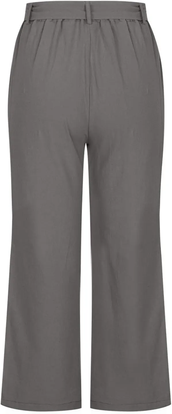 Capri Pants Women Cotton Linen Summer Casual Pants Elastic Waist Drawstring Lightweight Pockets Beach Cropped Trouser