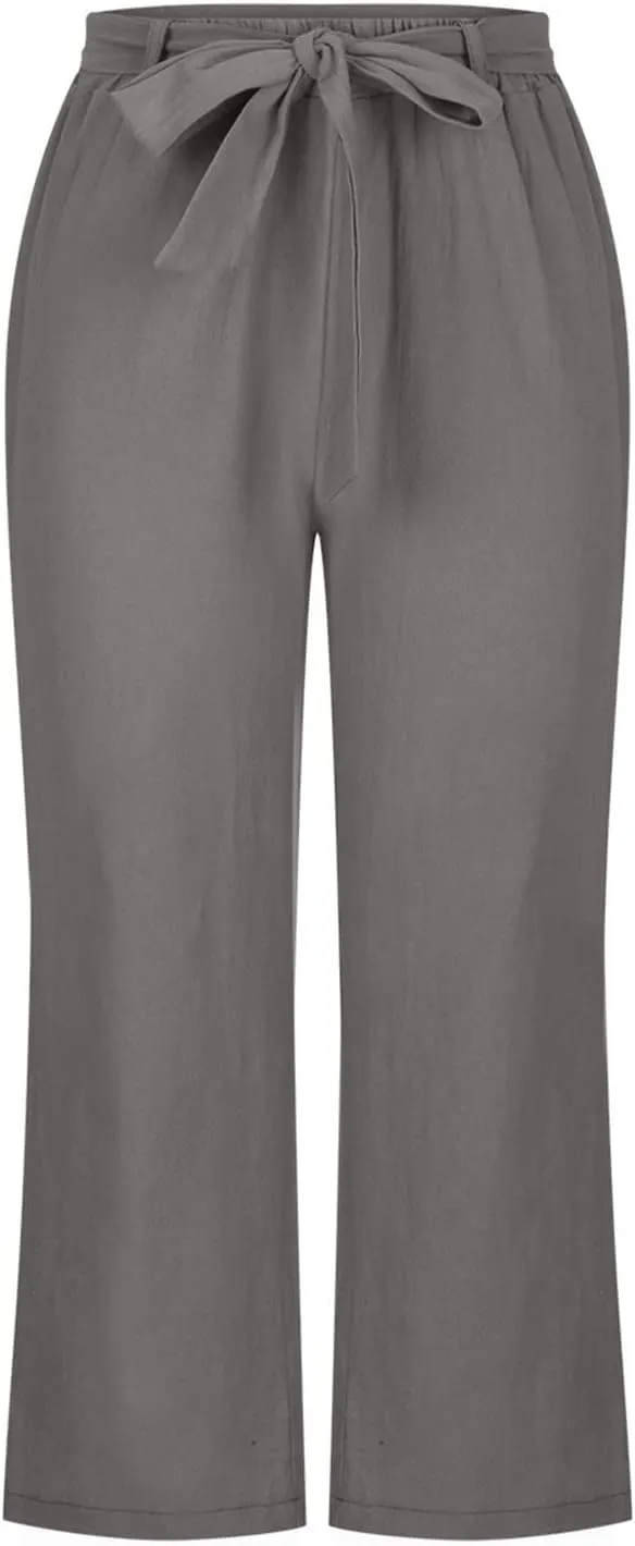 Capri Pants Women Cotton Linen Summer Casual Pants Elastic Waist Drawstring Lightweight Pockets Beach Cropped Trouser