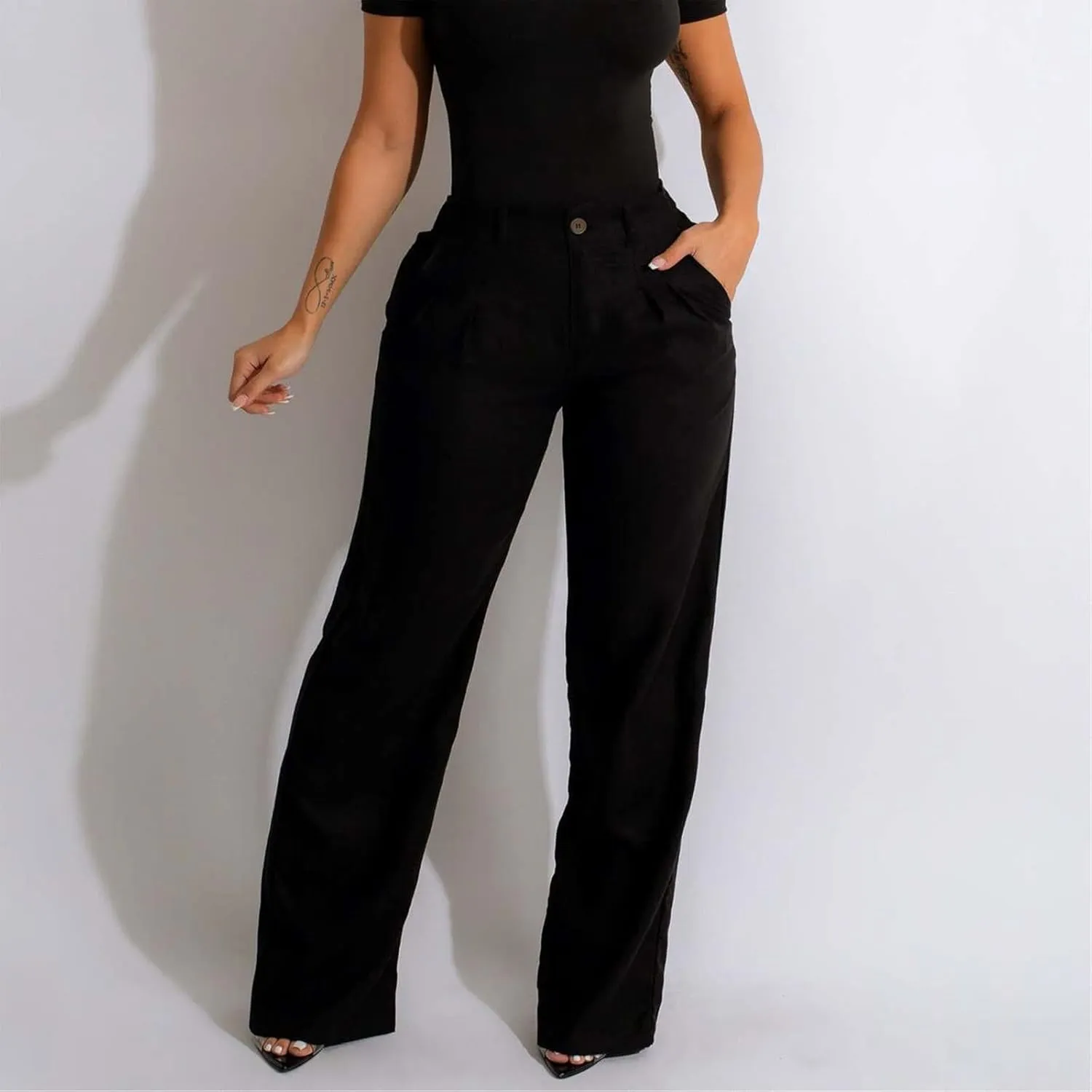 Cargo Pants for Women Casual Solid Pant Straight High Waist Buttons Pleated Trousers Wide Leg Sweatpants with Pocket