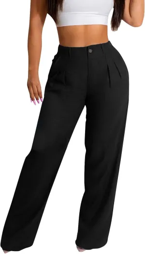 Cargo Pants for Women Casual Solid Pant Straight High Waist Buttons Pleated Trousers Wide Leg Sweatpants with Pocket