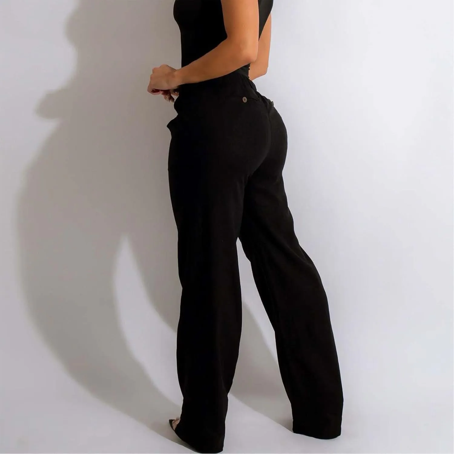 Cargo Pants for Women Casual Solid Pant Straight High Waist Buttons Pleated Trousers Wide Leg Sweatpants with Pocket