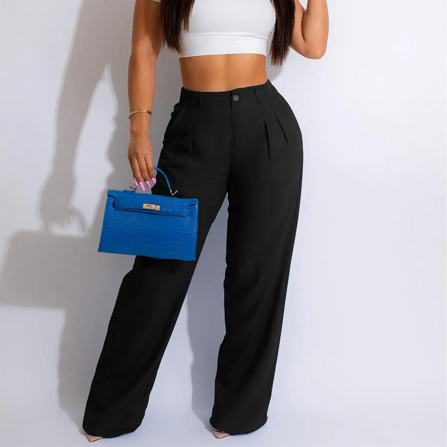 Cargo Pants for Women Casual Solid Pant Straight High Waist Buttons Pleated Trousers Wide Leg Sweatpants with Pocket