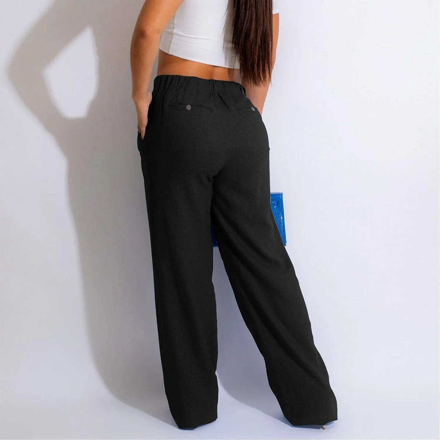 Cargo Pants for Women Casual Solid Pant Straight High Waist Buttons Pleated Trousers Wide Leg Sweatpants with Pocket