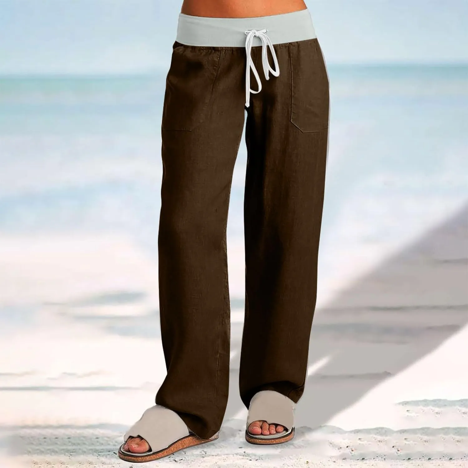 Cargo Pants Women with Flap Pockets High Waisted Side Tie Hem Straight Leg Drawstring Hiking Pants for Travel Joggers