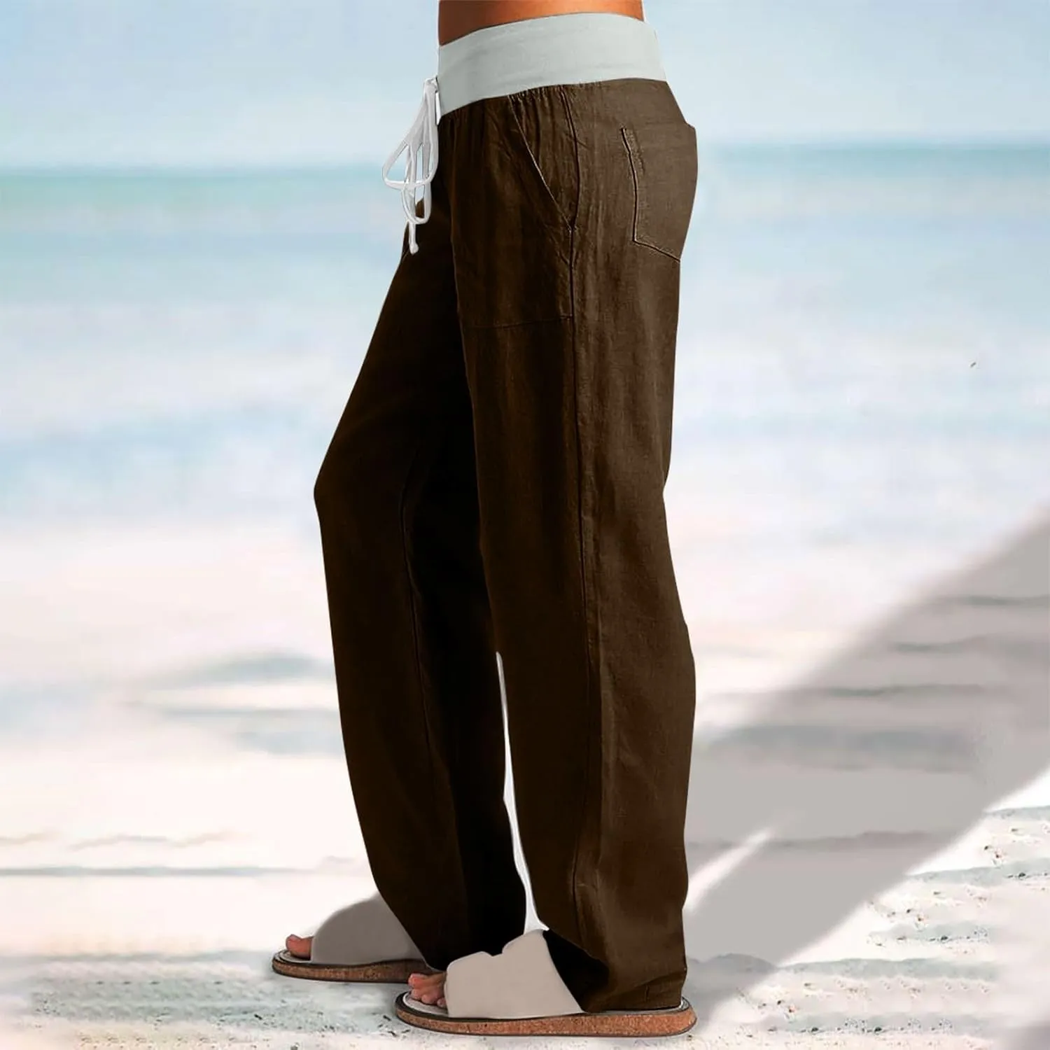 Cargo Pants Women with Flap Pockets High Waisted Side Tie Hem Straight Leg Drawstring Hiking Pants for Travel Joggers