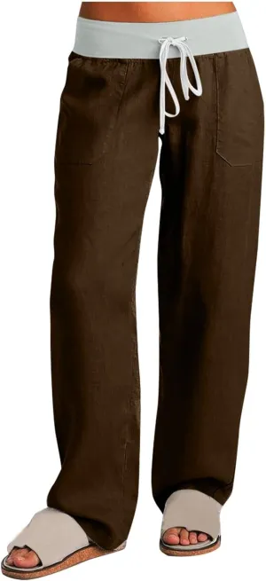Cargo Pants Women with Flap Pockets High Waisted Side Tie Hem Straight Leg Drawstring Hiking Pants for Travel Joggers