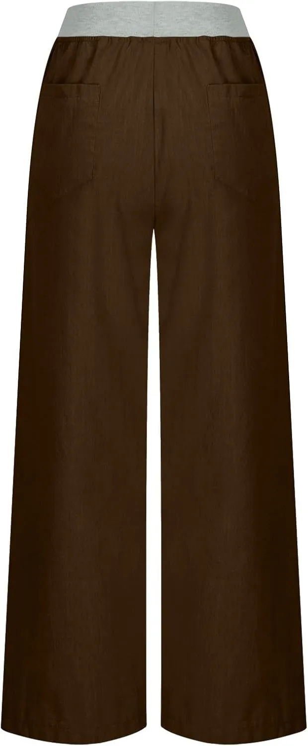 Cargo Pants Women with Flap Pockets High Waisted Side Tie Hem Straight Leg Drawstring Hiking Pants for Travel Joggers