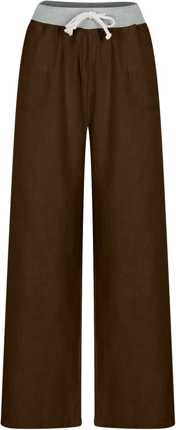 Cargo Pants Women with Flap Pockets High Waisted Side Tie Hem Straight Leg Drawstring Hiking Pants for Travel Joggers