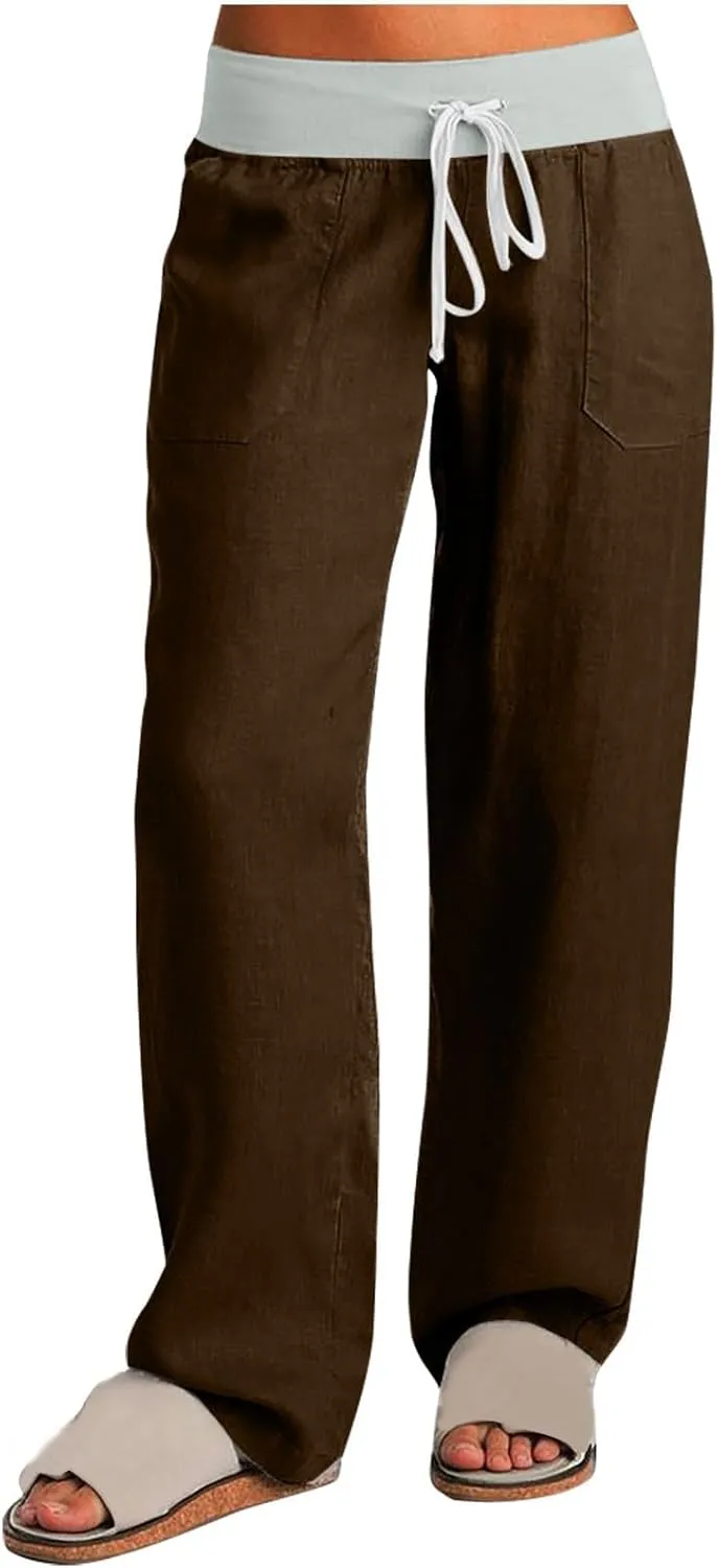 Cargo Pants Women with Flap Pockets High Waisted Side Tie Hem Straight Leg Drawstring Hiking Pants for Travel Joggers