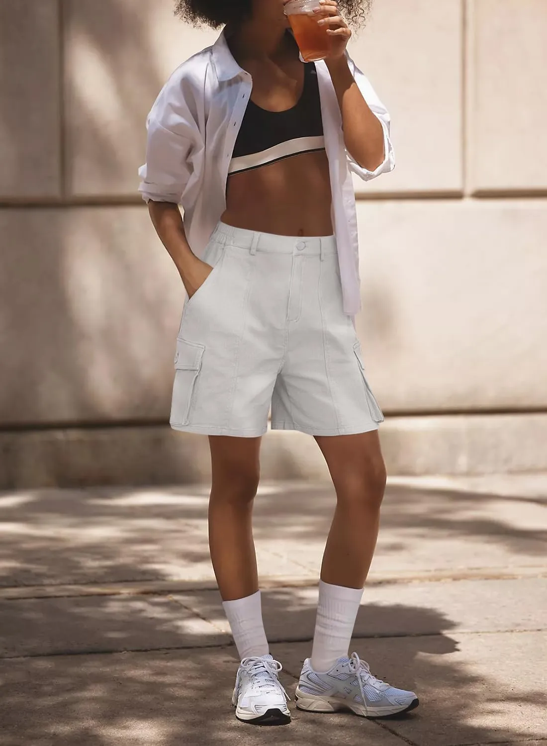 Cargo Shorts Women Bermuda Knee Length Long Hiking Shorts with Pockets Elastic Waist for Summer Casual Trendy Outfits