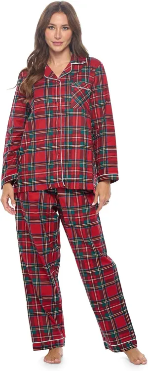 Casual Nights Women's Flannel Long Sleeve PJ's Button Down Sleepwear Pajama Set