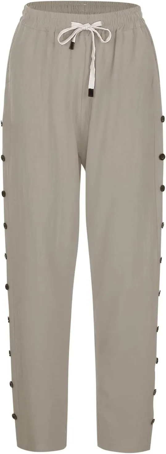 Casual Pants for Women Elastic Waist Summer Trendy Linen Capri Pants Straight Leg Baggy Beach Cotton Cropped Trousers