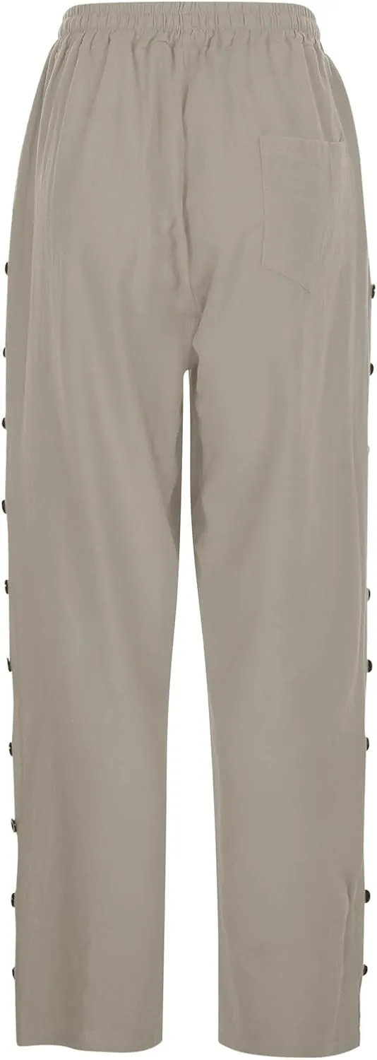 Casual Pants for Women Elastic Waist Summer Trendy Linen Capri Pants Straight Leg Baggy Beach Cotton Cropped Trousers