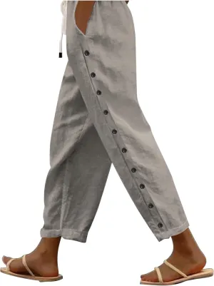 Casual Pants for Women Elastic Waist Summer Trendy Linen Capri Pants Straight Leg Baggy Beach Cotton Cropped Trousers