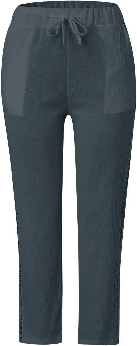 Casual Summer Pants for Women 2025 High Waist Elastic Straight Leg Pant Drawstring Cut-Out Beach Trousers