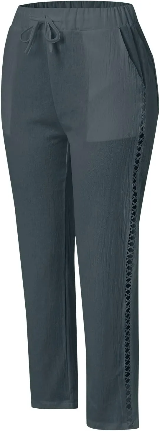 Casual Summer Pants for Women 2025 High Waist Elastic Straight Leg Pant Drawstring Cut-Out Beach Trousers
