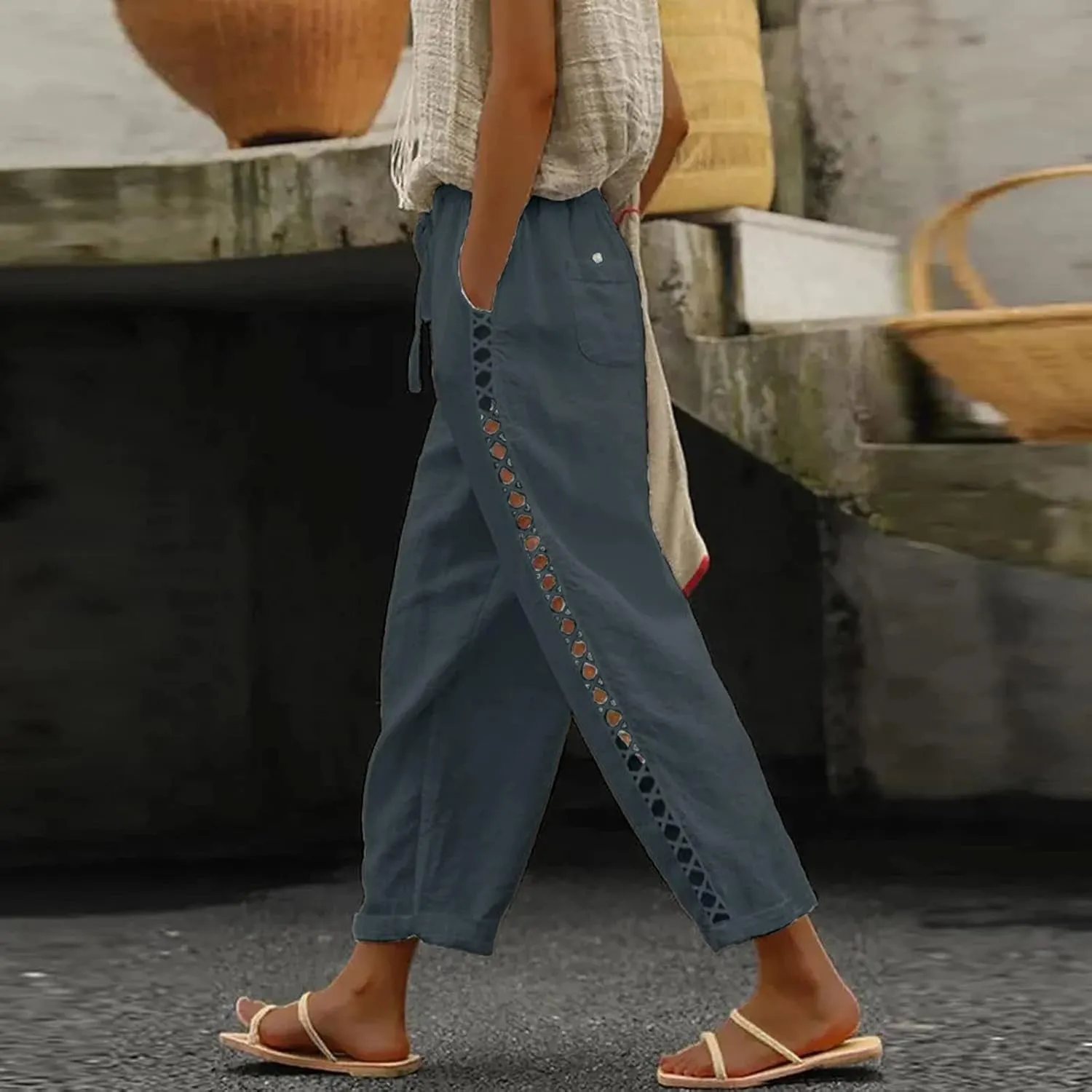Casual Summer Pants for Women 2025 High Waist Elastic Straight Leg Pant Drawstring Cut-Out Beach Trousers
