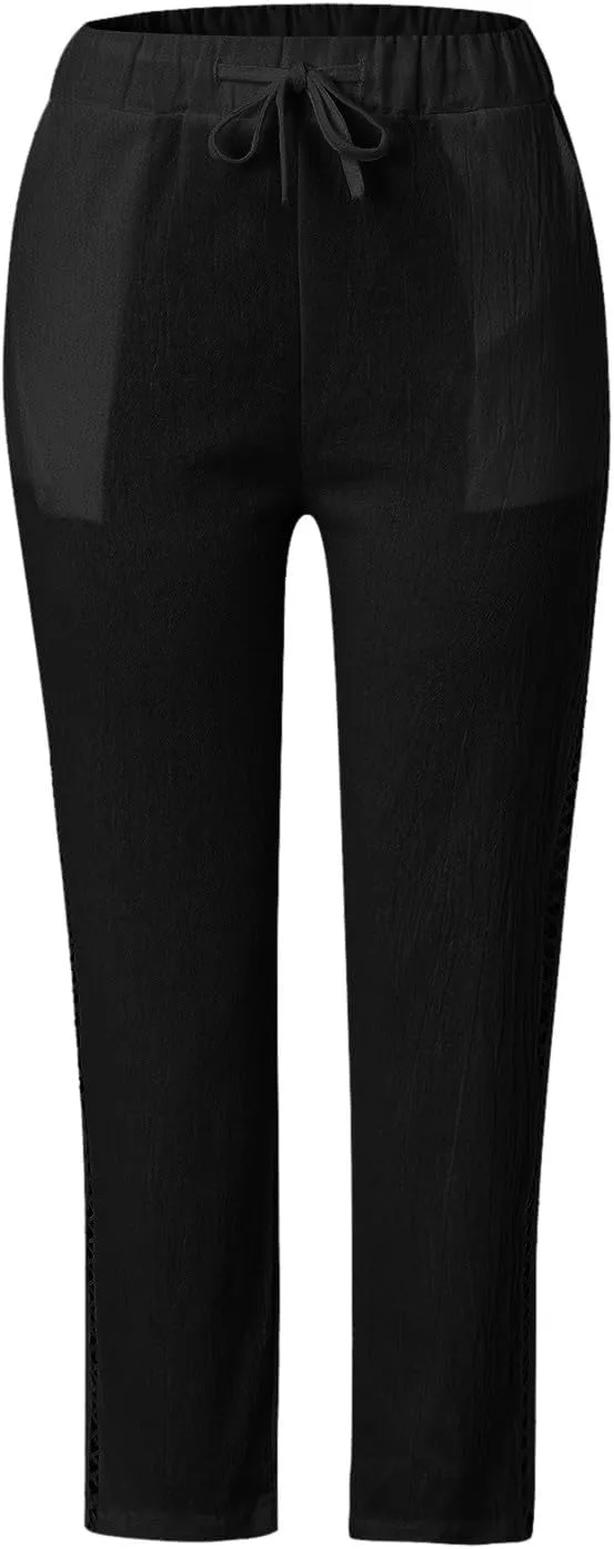Casual Summer Pants for Women 2025 High Waist Elastic Straight Leg Pant Drawstring Cut-Out Beach Trousers