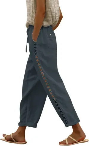 Casual Summer Pants for Women 2025 High Waist Elastic Straight Leg Pant Drawstring Cut-Out Beach Trousers
