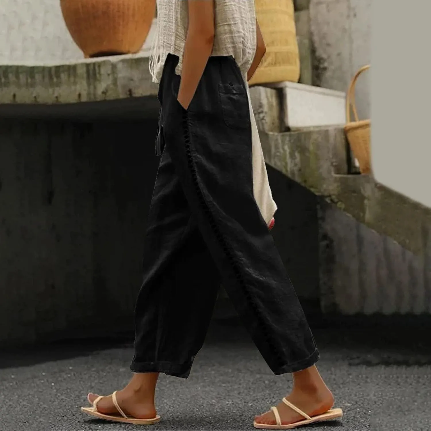 Casual Summer Pants for Women 2025 High Waist Elastic Straight Leg Pant Drawstring Cut-Out Beach Trousers