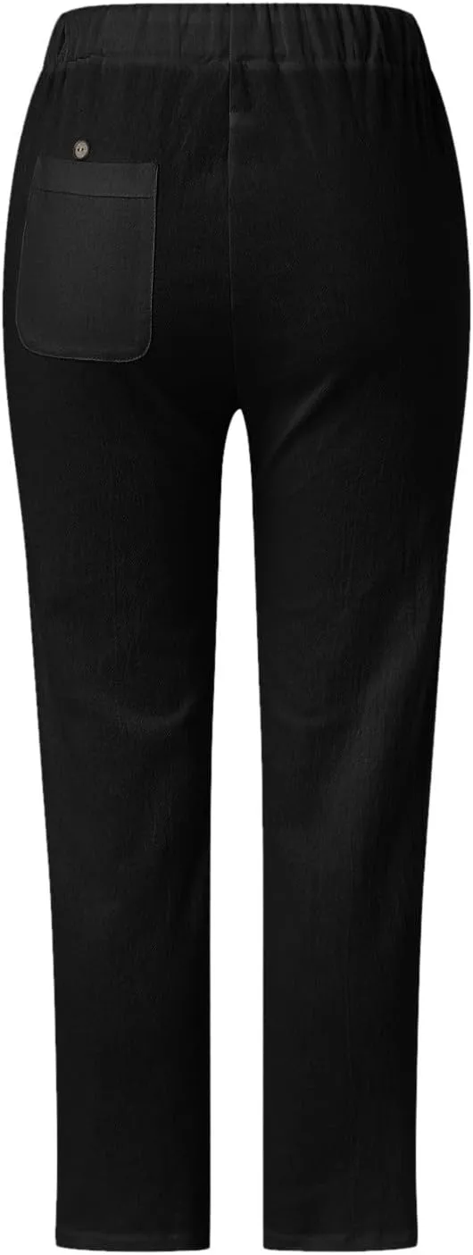 Casual Summer Pants for Women 2025 High Waist Elastic Straight Leg Pant Drawstring Cut-Out Beach Trousers
