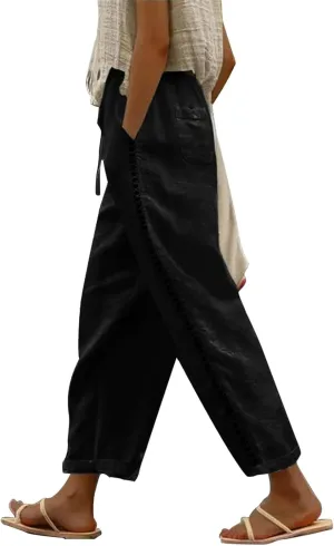 Casual Summer Pants for Women 2025 High Waist Elastic Straight Leg Pant Drawstring Cut-Out Beach Trousers