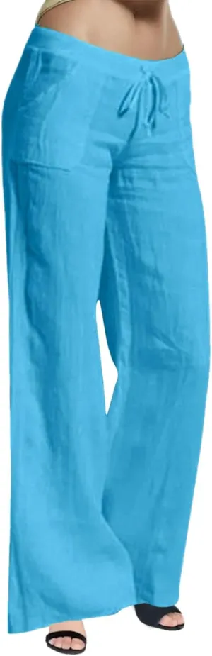 Casual Wide Leg Pants for Women High Waisted Solid Color Pant Baggy Drawstring Elastic Waist Trousers with Pockets