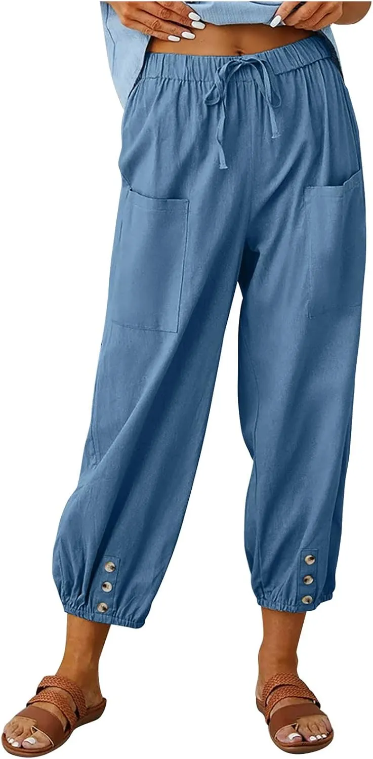 Ceboyel Women's Cotton Linen Lantern Tapered Pants Drawstring Baggy Harem Pants Summer Pants Casual Lounge Trousers 2023