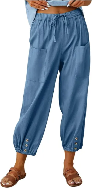 Ceboyel Women's Cotton Linen Lantern Tapered Pants Drawstring Baggy Harem Pants Summer Pants Casual Lounge Trousers 2023