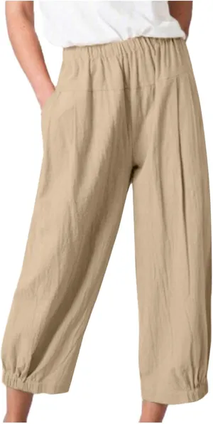 Ceboyel Women's Cotton Linen Pants Elastic Waist Pockets Casual Pants Wide Straight Leg Ankle Trousers Summer Baggy Outfits