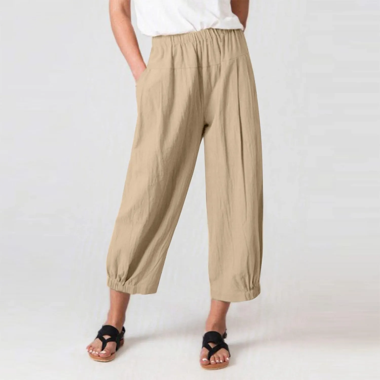 Ceboyel Women's Cotton Linen Pants Elastic Waist Pockets Casual Pants Wide Straight Leg Ankle Trousers Summer Baggy Outfits