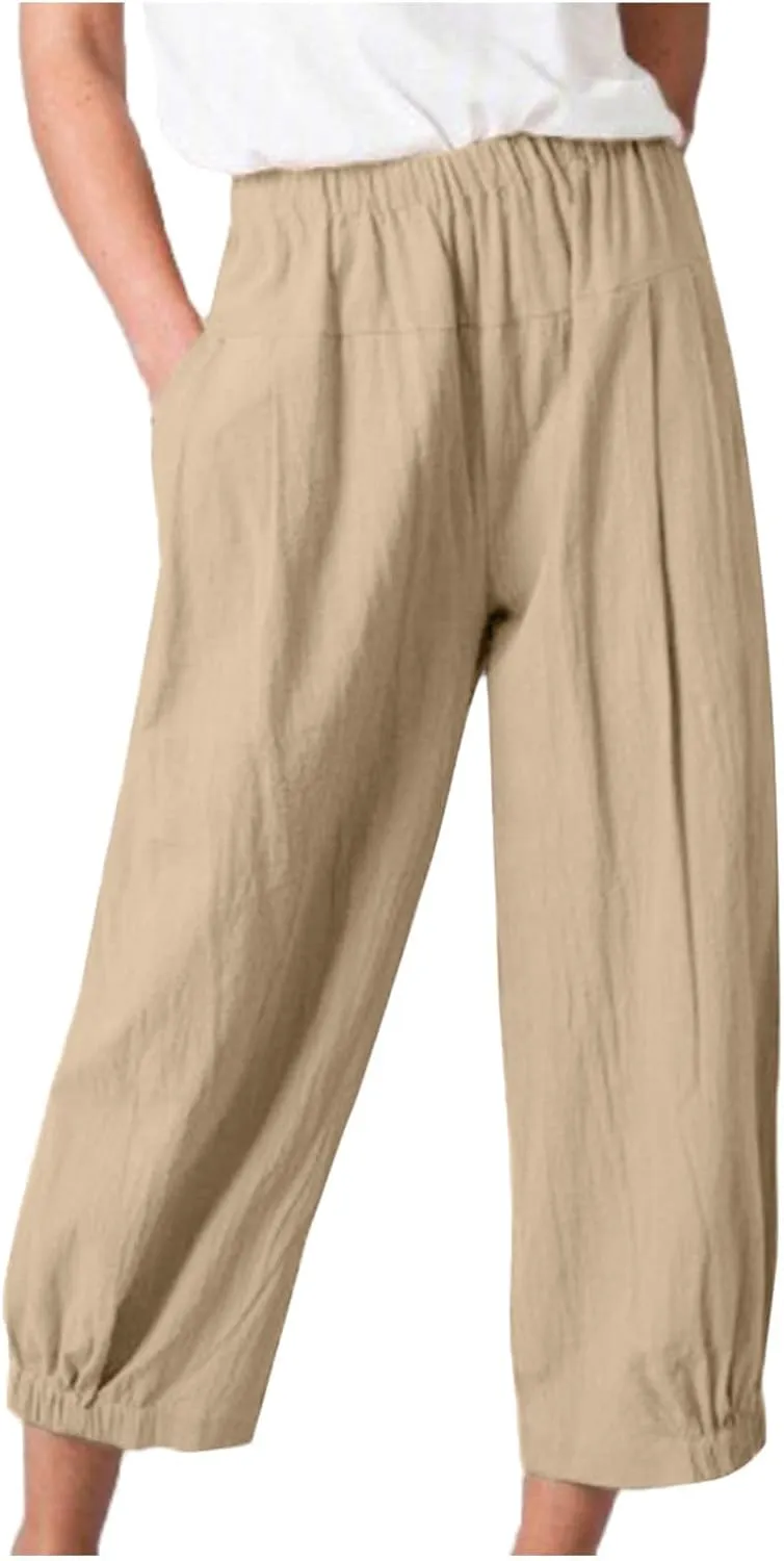 Ceboyel Women's Cotton Linen Pants Elastic Waist Pockets Casual Pants Wide Straight Leg Ankle Trousers Summer Baggy Outfits