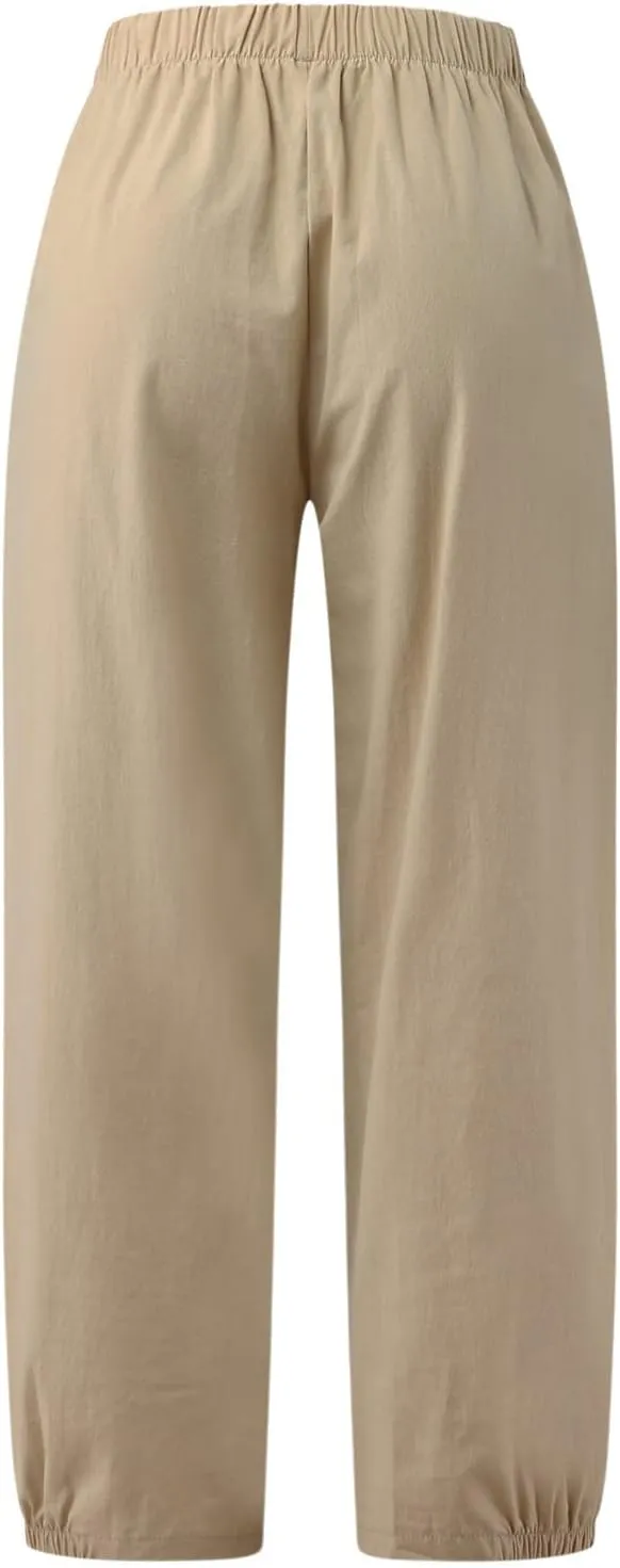Ceboyel Women's Cotton Linen Pants Elastic Waist Pockets Casual Pants Wide Straight Leg Ankle Trousers Summer Baggy Outfits