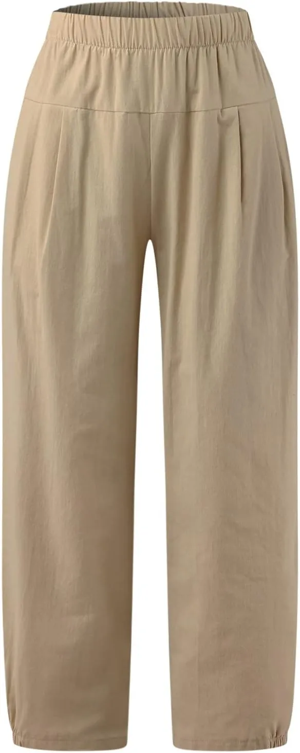 Ceboyel Women's Cotton Linen Pants Elastic Waist Pockets Casual Pants Wide Straight Leg Ankle Trousers Summer Baggy Outfits