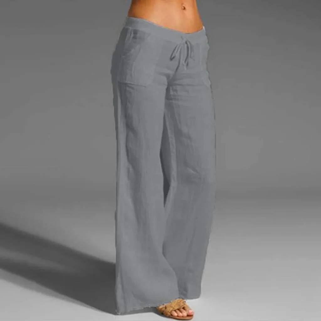 Ceboyel Womens Straight Wide Leg Line Pants Drawstring Cotton Palazzo Pants High Waist Lounge Trousers Boho Summer Outfits