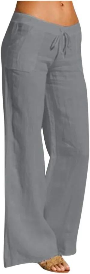Ceboyel Womens Straight Wide Leg Line Pants Drawstring Cotton Palazzo Pants High Waist Lounge Trousers Boho Summer Outfits