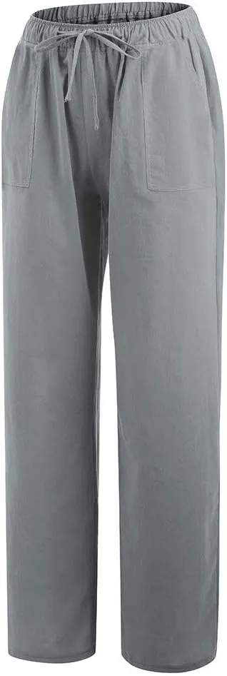 Ceboyel Womens Straight Wide Leg Line Pants Drawstring Cotton Palazzo Pants High Waist Lounge Trousers Boho Summer Outfits