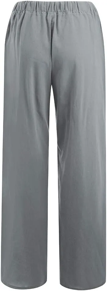 Ceboyel Womens Straight Wide Leg Line Pants Drawstring Cotton Palazzo Pants High Waist Lounge Trousers Boho Summer Outfits
