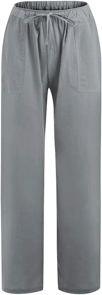 Ceboyel Womens Straight Wide Leg Line Pants Drawstring Cotton Palazzo Pants High Waist Lounge Trousers Boho Summer Outfits