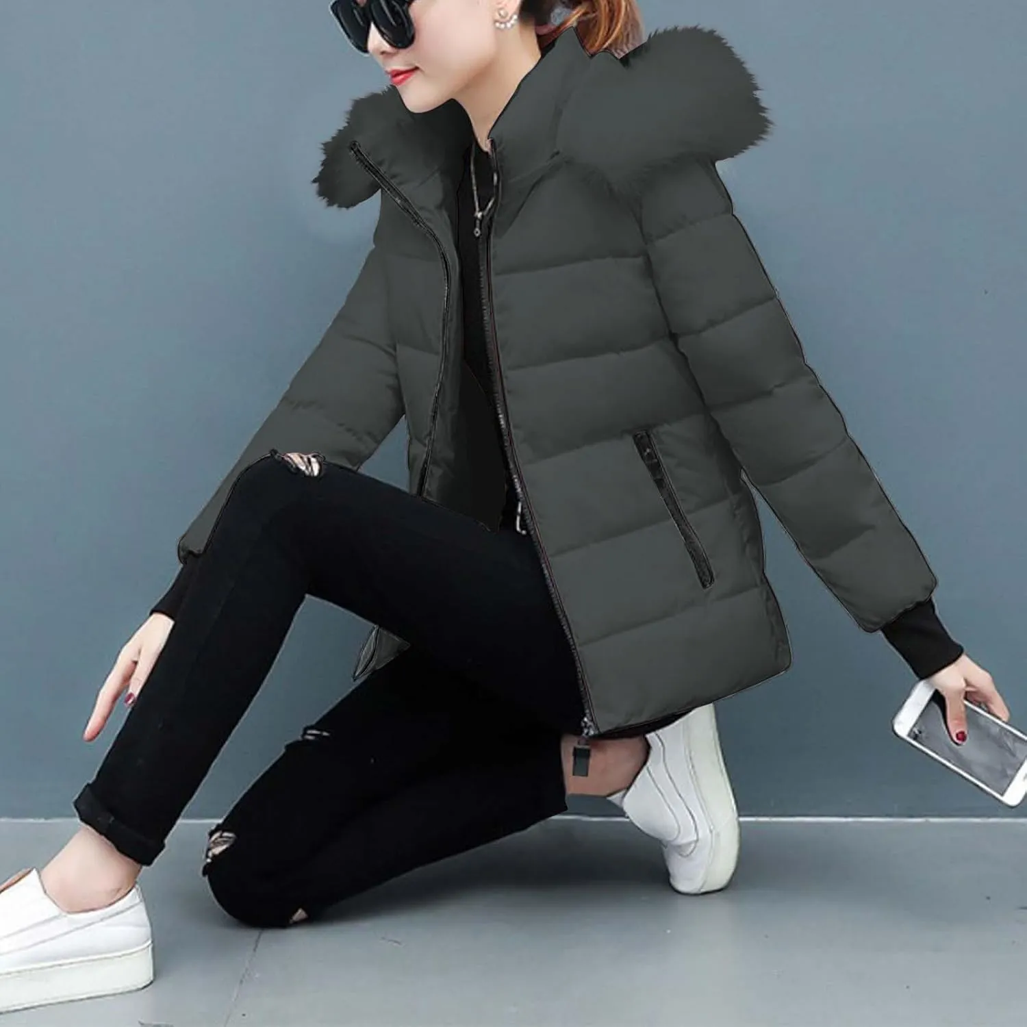 Ceboyel Womens Warm Winter Puffer Coats 2024 Trendy Hooded Jackets Thicken Down Coat With Hood Fur Lightweight